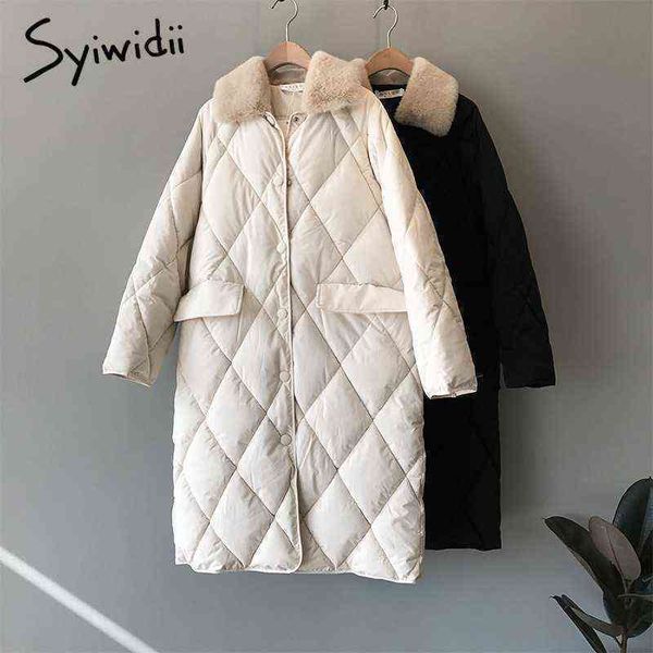 

syiwidii winter women jacket korean style long cotton padded coat casual fur collar argyle oversized parka chic outerwear 211118, Black
