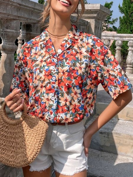 

floral print lapel drop shoulder blouse x658#, White