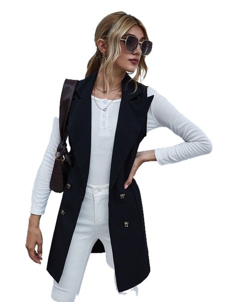 

solid double breasted belted vest coat o22v#, Black