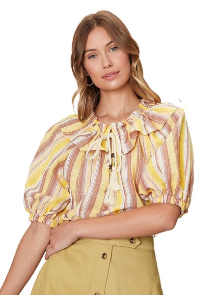 

colorful striped ruffle trim tie neck puff sleeve blouse x04t#, White