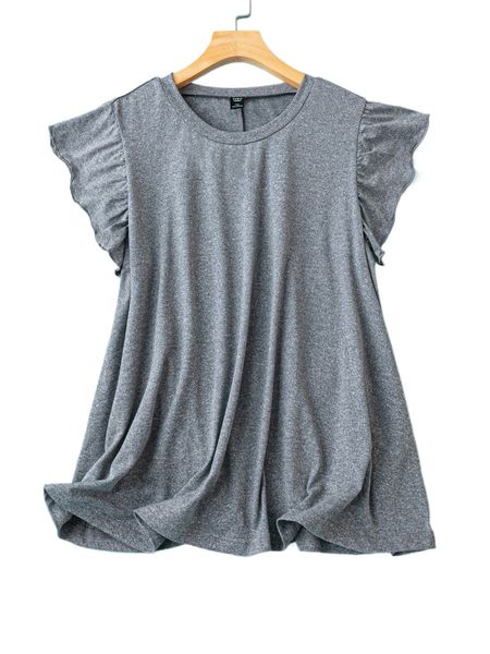 

plus solid round neck ruffle cuff tee d5f7#, Black