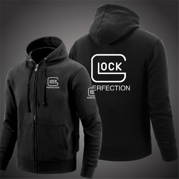 

glock perfection shooting hooded long sleeve men jacket drawstring zipper closure solid color casual sweatshirt clothing 220721, Black