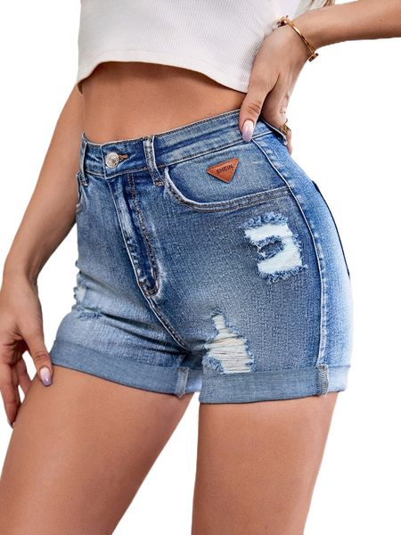 

high waist ripped letter patched detail denim shorts 23en#, White;black