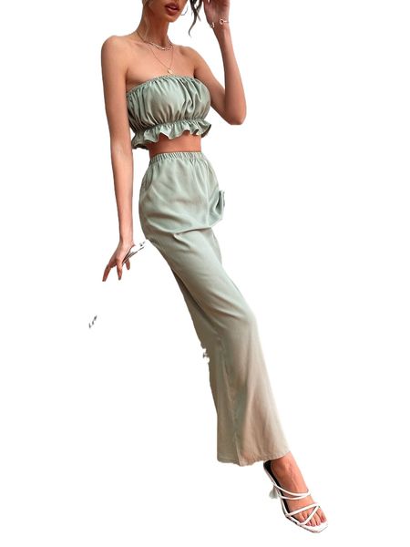 

ruffle hem tube & wide leg pants set d1j3#, White