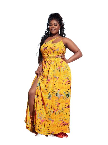 

sxy plus tropical print one shoulder split thigh dress f35r#, Black