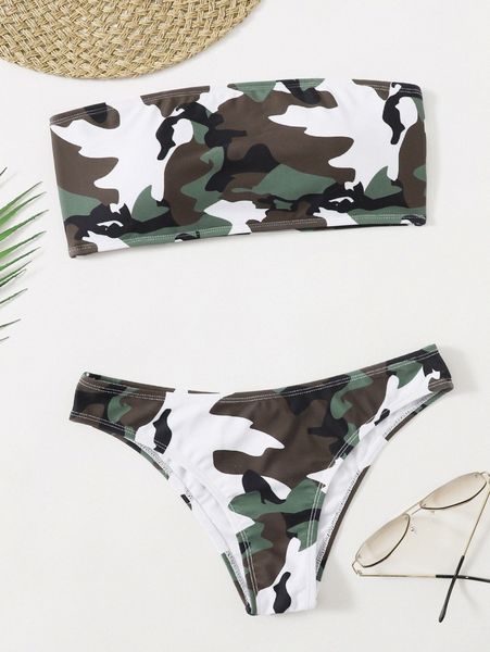 

camo print bandeau bikini swimsuit b6al#, White;black