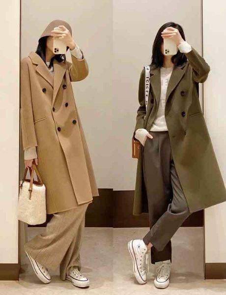 

women's trench coats autumn and winter original c fabr australian wool cashmere double faced class barrel breasted coat, Tan;black