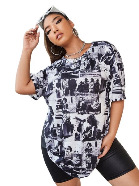 

plus figure graphic drop shoulder tee t23w#, Black