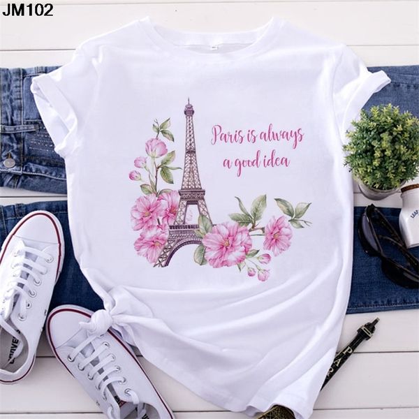 Fashion Paris Eiffel Tower Print Woman Shirt Summer Womin Women S Tops Shirt HARAJUKU Casualmente a manica corta Maglietta femmina bianca 220628