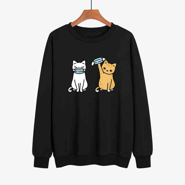 

cartoon mask cat casual round neck long sleeve sweater, Black