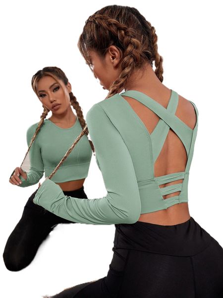 

thumb holes criss cross backless sports tee f6kp#, Gray