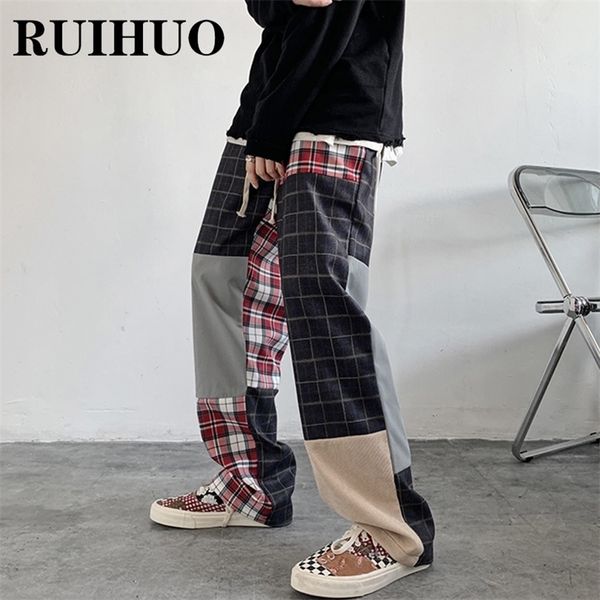 

men's pants ruihuo patchwork plaid streetwear men clothing korean fashion mens joggers 3xl spring arrivals 220826, Black