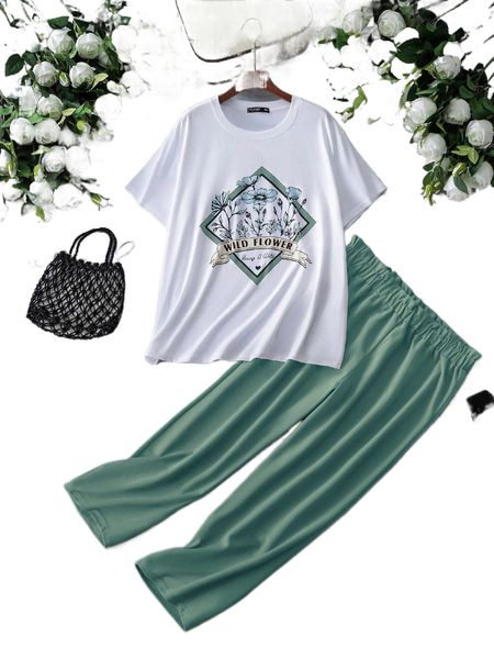 

plus floral & letter graphic tee & paper bag waist pants v3ez#, Black