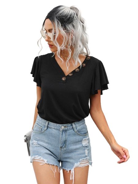 

flutter sleeve button detail tee e3z6#, White