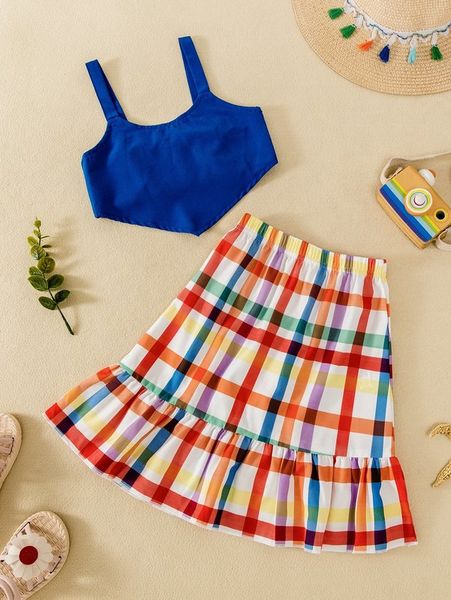 

toddler girls bandana cami & plaid ruffle hem skirt she, White