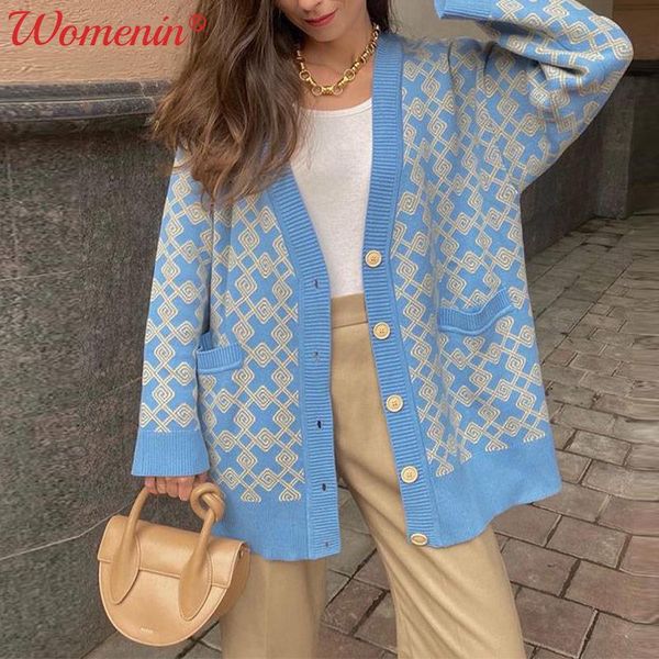 

printed v-neck knitted cardigan for women sweater spliced drop-shoulder casual loose women cardigan 2021 autumn female knitwear, White;black