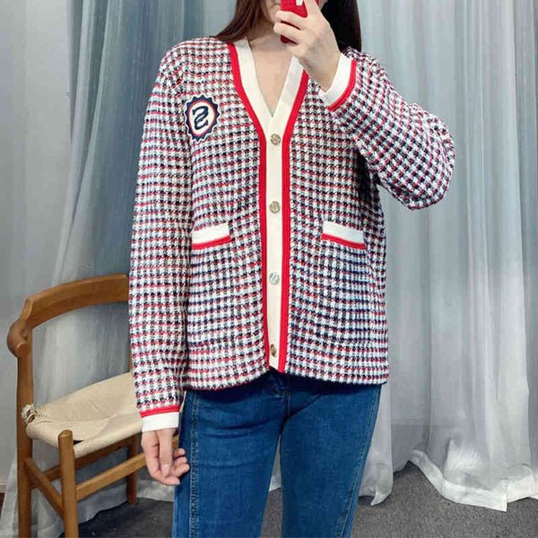 

women's sweater fadan family' color contrat check badge knitted cardigan coat kirt in early pring a50z, White;black