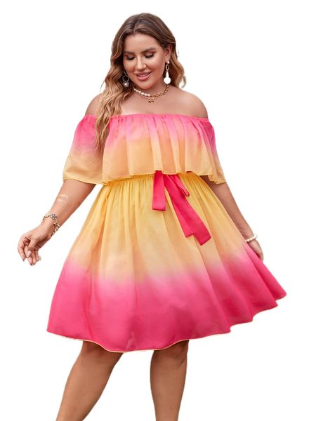 

plus off-shoulder ombre belted dress k5nu#, Black