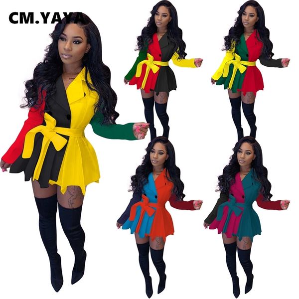 

cm.yaya women autumn patchwork ruffles notched neck pleated mini dress long sleeve button up party night club dresses 220516, Black;gray