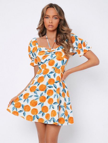 

petite fruit print tie back puff sleeve dress n5jg#, Black;gray