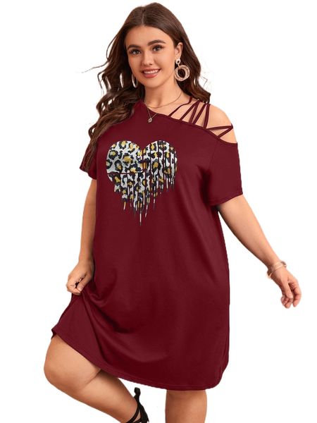 

plus heart print asymmetrical neck tee dress v1cq#, Black