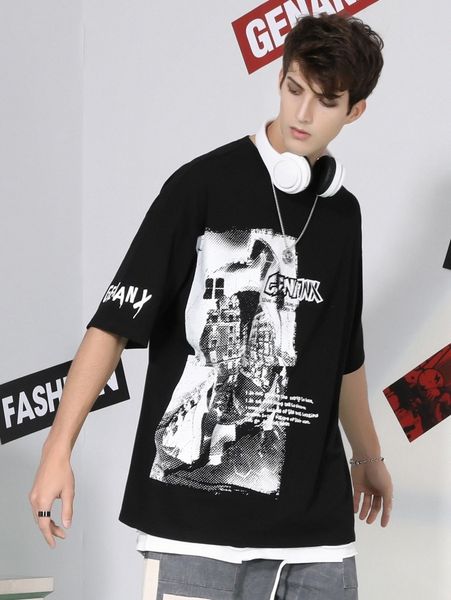 

men drop shoulder slogan graphic tee b5rs#, White;black