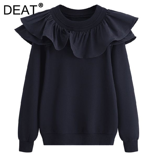 

[deat] women pullovers loose ruffles round neck long sleeve solid color casual sweatshirt autumn fashion 13z1655 220324, Black