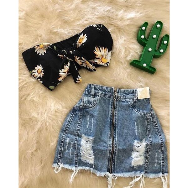 1 6y infantil crianças meninas meninas 2pcs roupas de moda de verão conjunto browknot gunflower tops toups colete rasgado saias de jeans de jeans 220620