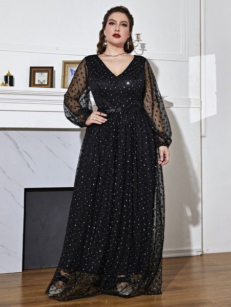 

plus lantern sleeve belted maxi galaxy mesh dress a4pk#, Black