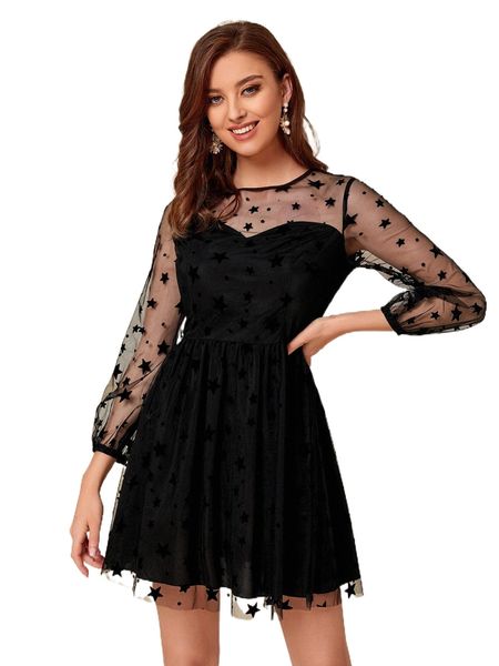 

star mesh overlay zip back dress o04d#, Black;gray