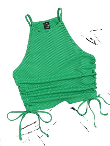

ruched drawstring side halter o28k#, White