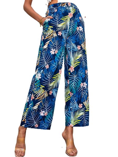 

tropical print slant pockets wide leg pants i4z6#, Black;white