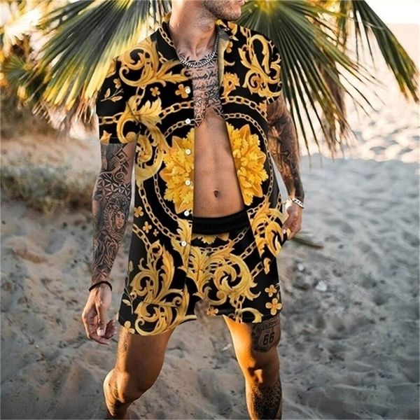 

men sets print patchwork lapel short sleeve casual shirt beach shorts summer streetwear vacation hawaiian suits 220621, Gray