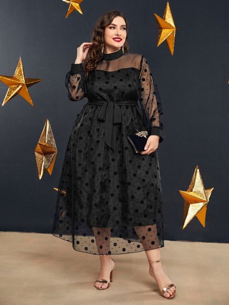 

plus mock neck polka dot belted organza dress x1ny#, Black