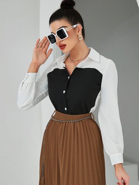 

color block button front blouse m9ro#, White