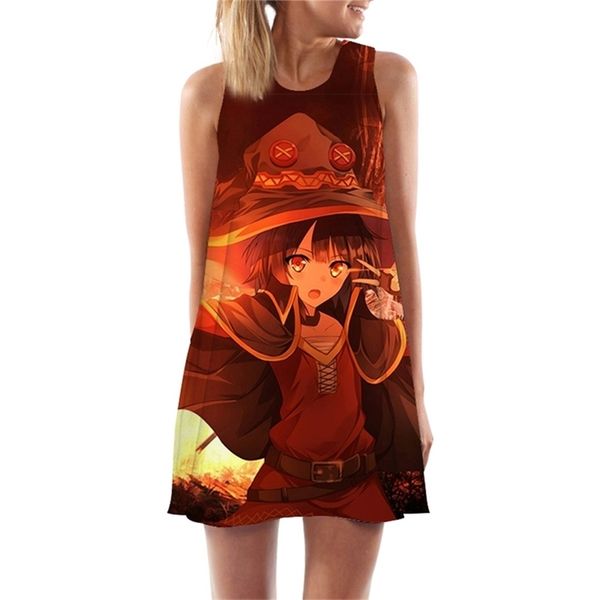 

women tank dress anime megumin konosuba 3d print loose beach dress fashion mini short party female vest dress w220617, Black;gray