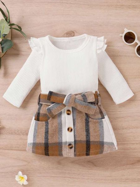 

toddler girls ruffle trim tee & plaid print belted skirt she, White