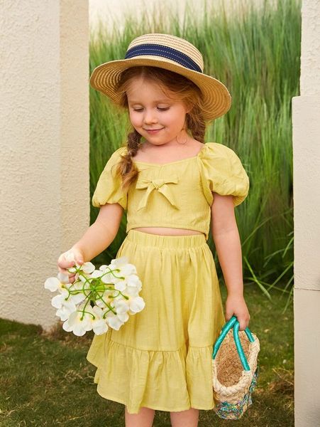 

toddler girls bow front puff sleeve crop & ruffle hem skirt set she, White