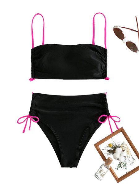 

drawstring side high waist bikini swimsuit l1pl#, White;black