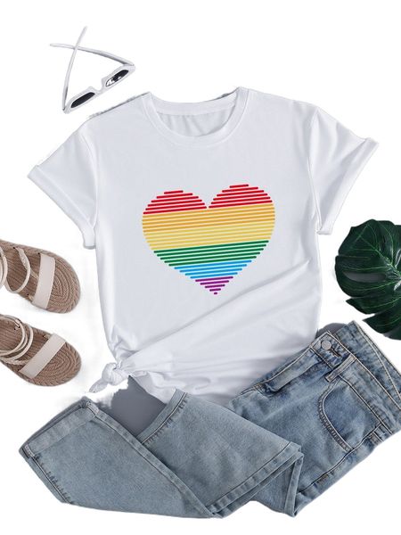

lgbt heart print round neck tee k2eo#, White