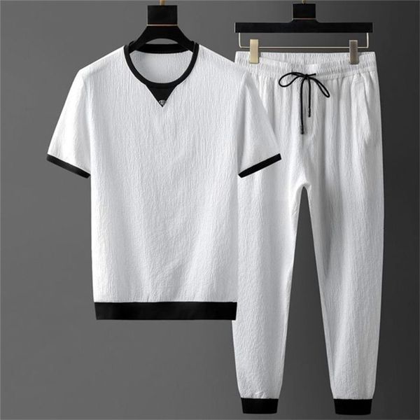 

men s sets summer short sleeve elastic waist trousers clothing two piece set korean streetwear tracksuit big size 220708, Gray