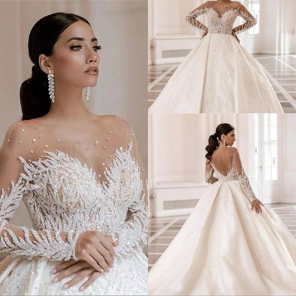 

luxury arabic dubai beads crystals ball gown wedding dresses 2022 vestido de noiva soft sheer tulle long sleeves backless wedding bridal gow, White