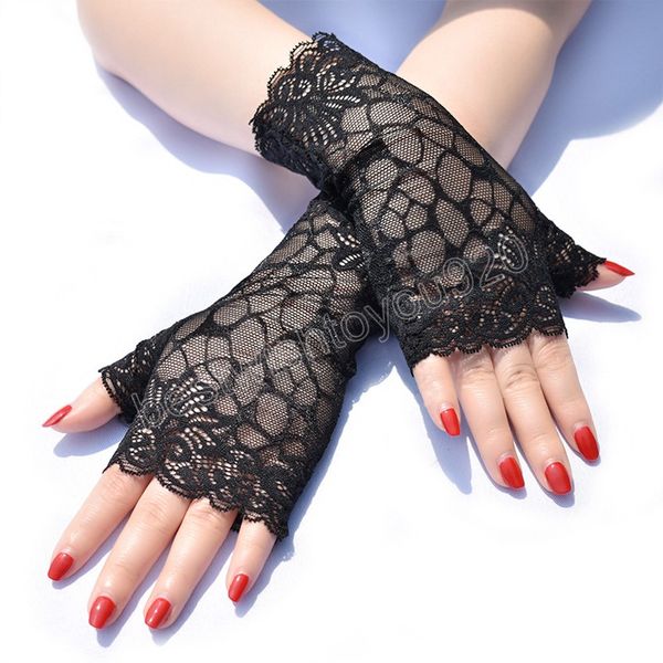 

fashion gloves summer female half finger sunscreen short lace gloves rose flower pattern fingerless women gloves, Blue;gray