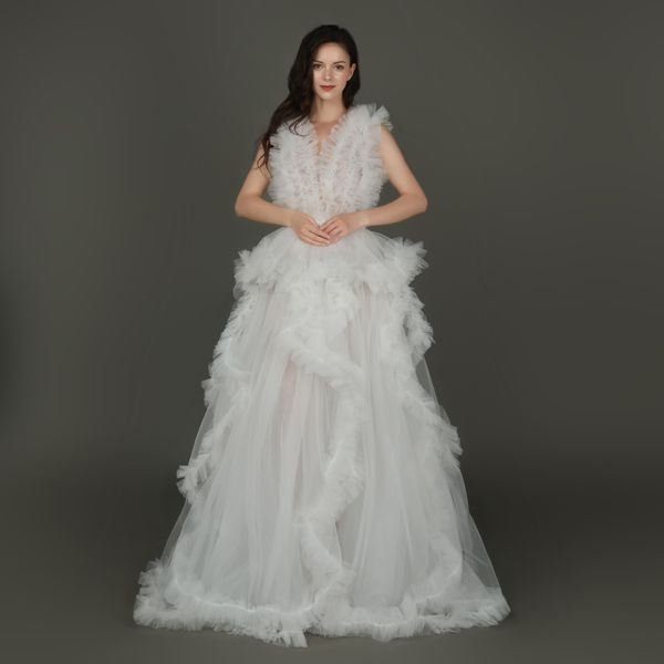 

sleepwear real images p dresses for pregnant women ruffles bride robes elegant tiered v neck custom made baby shower p shoot gowns, White