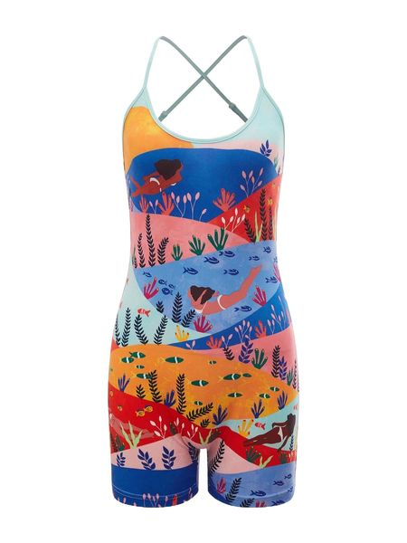 

x ceyda alasar fish & figure graphic crisscross backless unitard romper v7j6#, Black;white