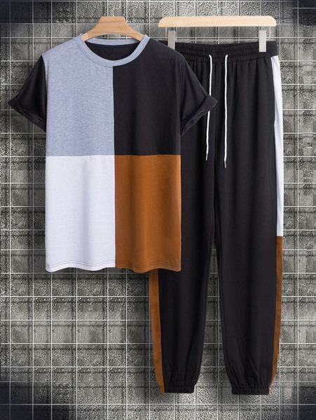 

men color block tee & drawstring sweatpants k2nk#, Gray