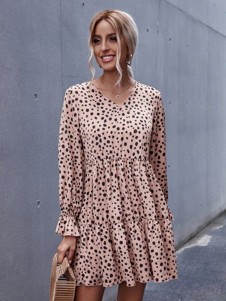 

dalmatian print flounce sleeve ruffle hem smock dress m1ji#, Black;gray