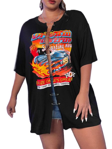 

plus car & slogan graphic drop shoulder brooch front tee q31u#, Black