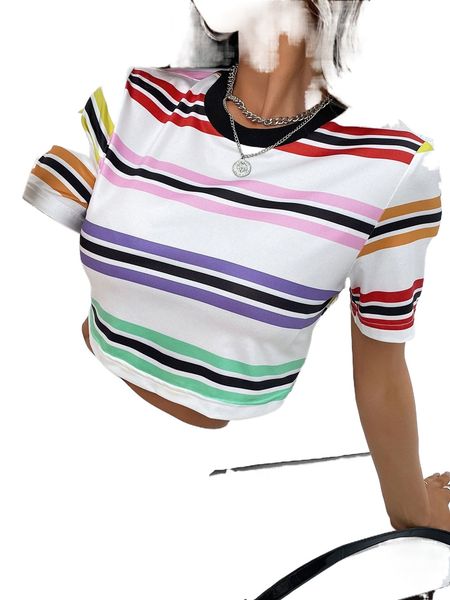 

colorful striped crop tee p7p1#, White