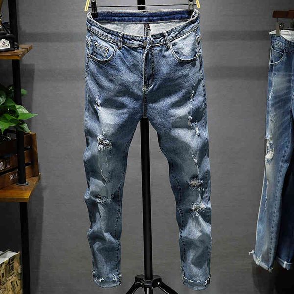 

men's jeans spring stretch capris men's slim leggings casual korean perforated jeans trend pants hvet, Blue